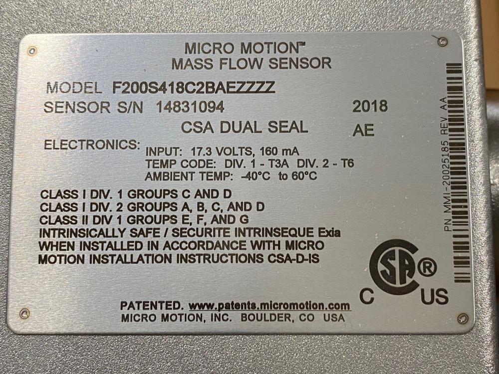 Micro Motion 2" x 1-1/2" 150# 316 Stainless Flow Meter F200S418C2BAEZZZZ (U)